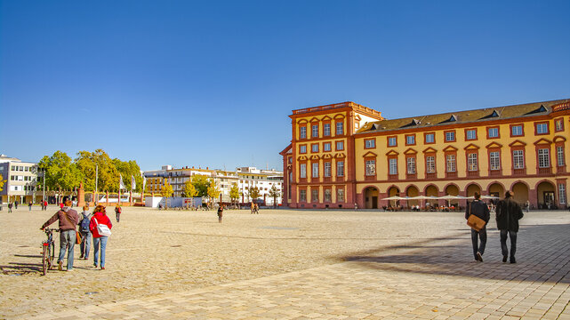 Mannheim, Germany - October 26, 2010: Panoramic view over University campus in city center in Square district in sunset golden Autumn colors. Cityscape in the historical downtown at sunny day
