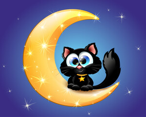 Cartoon cute funny black cat on the shining golden Moon with  golden star shape necklace