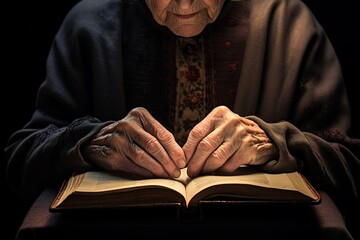 an old lady with wrinkled hands is reading a book - obrazy, fototapety, plakaty