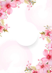 Fototapeta na wymiar Pink vector frame with foliage pattern background with flora and flower