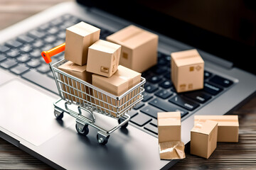 Paper boxes in a trolley and laptop. Online shopping and e-commerce concept.