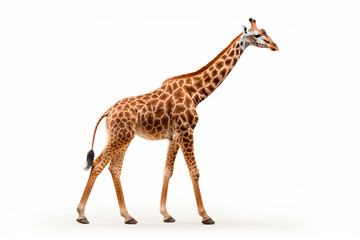 Giraffe isolated on a white background walking. Animal side view portrait.
