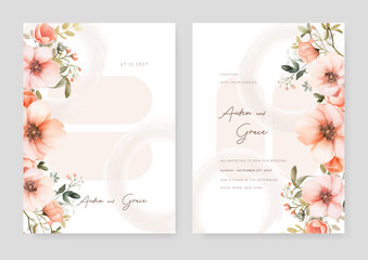 Fototapeta na wymiar Peach sakura floral wedding invitation card template set with flowers frame decoration