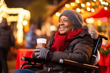 Happy African American elderly woman in wheelchair drinking mulled wine at Christmas fair in festively decorated city - obrazy, fototapety, plakaty
