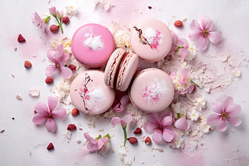 Fototapeta na wymiar A Sliced Macaroons Surrounded with Flower Petals on a White Surface