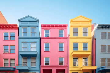 Architectural Photography of Three Pink, Blue, and Yellow Buildings