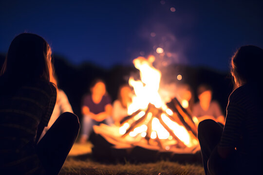 Friendship group sit round a bright campfire at night