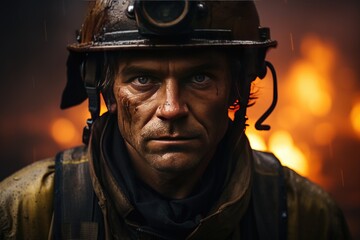 A courageous young male firefighter stands amidst a blazing forest, smoke billowing around him. 