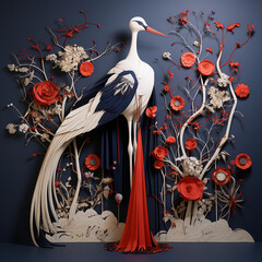 White and dark blue, red-crowned crane and landscape patterns, costume display, dangling around a tailoring mannequin created with Generative Ai
