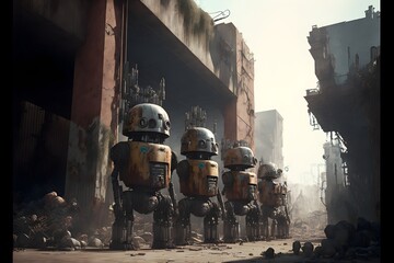 group of maschinen krieger mech robots covered with graffiti standing in front of old dusty factory 21mm lens hyperrealistic 8k unreal engine render  - obrazy, fototapety, plakaty