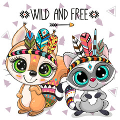 Cartoon tribal Squirrel and Raccoon with feathers