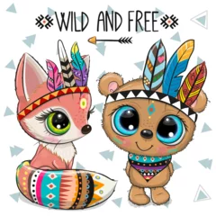 Stickers fenêtre Chambre d enfant Cartoon tribal Teddy Bear and Fox with feathers