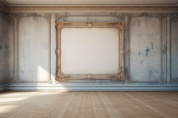 Classic interior of apartment with empty frame on floor - obrazy, fototapety, plakaty