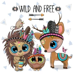 Fototapete Kinderzimmer Cartoon tribal Hedgehog, Deer and Owl with feathers