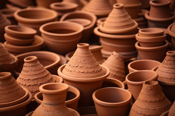 Fototapeta na wymiar Close Up Photo of Pile of Brown Clay Pots