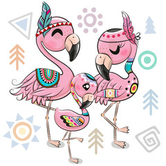 Cartoon tribal Flamingos with feathers on a white background