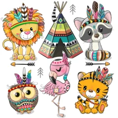 Poster Chambre d enfant Cartoon tribal animals with feathers isolated on white backround