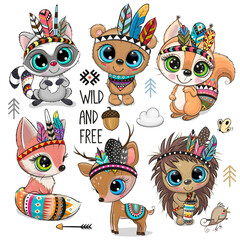 Cute Cartoon tribal animals with feathers isolated on white backround