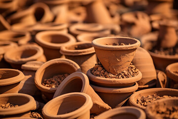 Close Up Photo of Pile of Brown Clay Pots - obrazy, fototapety, plakaty