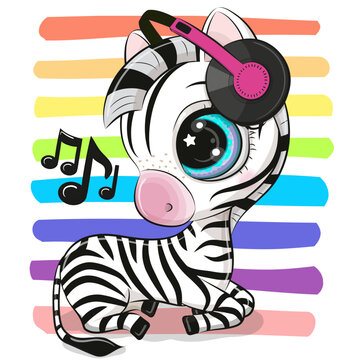 Zebra with headphones on a striped background