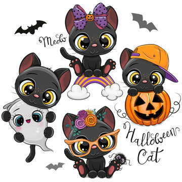 Halloween illustrations and design elements with black cat