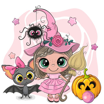 Cute cartoon witch with bat and pumpkin