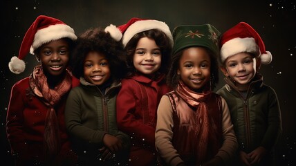 Two boys and three girls of different races and cultures on a christmas background