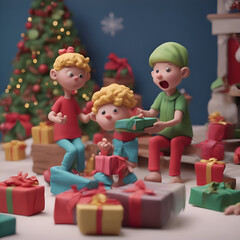 Christmas and New Year concept. Toy Santa Claus and children with gifts.