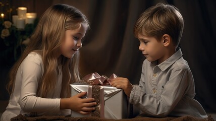 girl and boy sharing a gift while smiling
