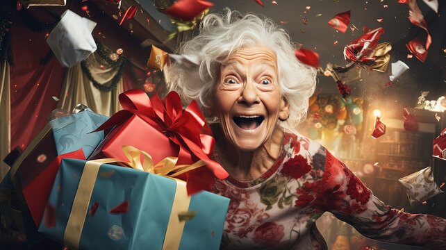 Surreal image of a very happy old woman with many gifts