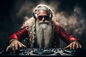 Santa Claus DJ working spinning turntable records at Christmas party - obrazy, fototapety, plakaty