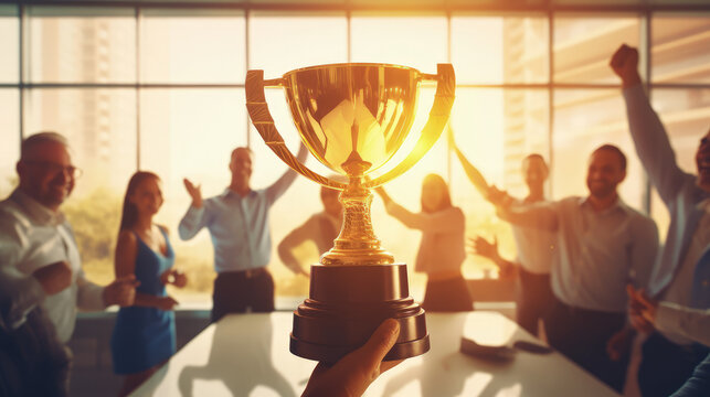 A Businessman Holds A Gold Trophy, With A Blurred Office Background Showing His Team's Celebration.