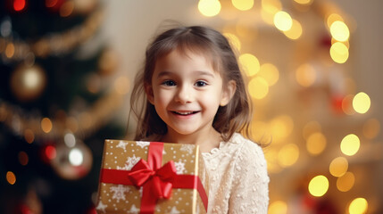 A cheerful girl stands by a festive Christmas tree, holding a gift.