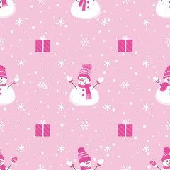 Fototapeta premium Christmas background. Seamless winter pattern with funny snowmen, gifts and snowflakes. Vector illustration in pink colors