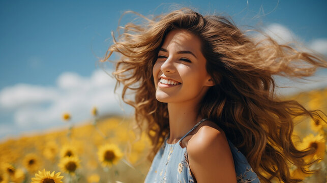 Beautiful girl among sunflowers against the blue sky.