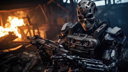 Fototapeta premium Damaged metal skeleton robot, without human shell, humanoid with artificial intelligence, in destroyed abandoned environment, machine in war against humanity, metal combat robot and soldier