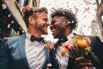 pareja de hombres abrazados y recién casados vestidos con traje de fiesta sobre fondo de ciudad desenfocado  - obrazy, fototapety, plakaty