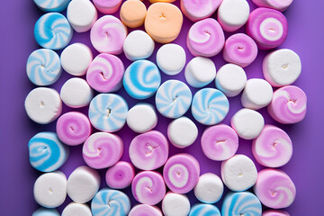 Top view of colorful marshmallows on purple background