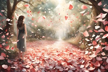 Create an image that portrays a garden of forgotten memories, with petals made of fragmented thoughts