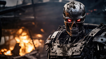 Damaged metal skeleton robot, without human shell, humanoid with artificial intelligence, in destroyed abandoned environment, machine in war against humanity, metal combat robot and soldier