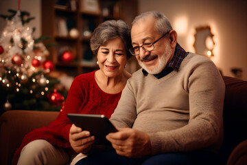 Hispanic grandparents couple talking to their grandchildren from a distance using a tablet at...
