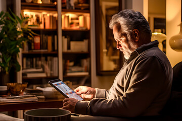 Mature man reviews his investments through the internet on a tablet in the comfort of his home. 