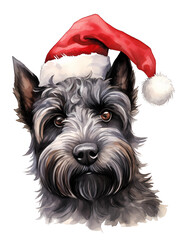 Black Scotty Dog in Red Santa Hat. Cutout isolated transparency available.