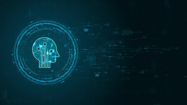 Motion graphic of Blue digital robot head logo and circle futuristic HUD elements with flowing arrows with Ai chatbot and machine learning technology and ai assistance concepts on abstract background