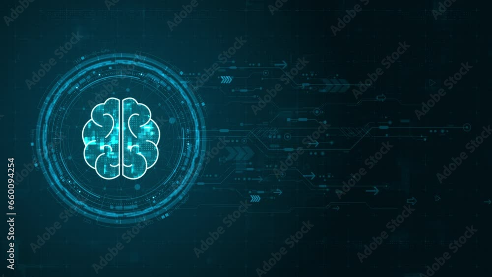 Poster motion graphic of blue digital robot brain logo and circle futuristic hud elements with flowing arro