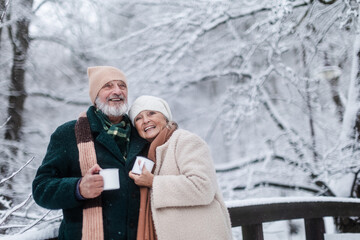 Elegant senior couple having hot tea outdoor, during cold winter snowy day. Winter vacation in the...
