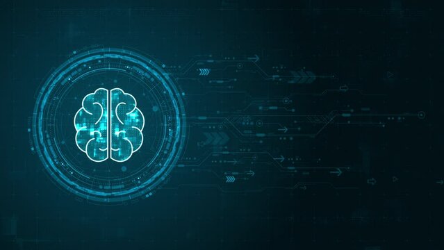 Motion graphic of Blue digital robot brain logo and circle futuristic HUD elements with flowing arrows with Ai chatbot and machine learning technology and ai assistance concepts on abstract background