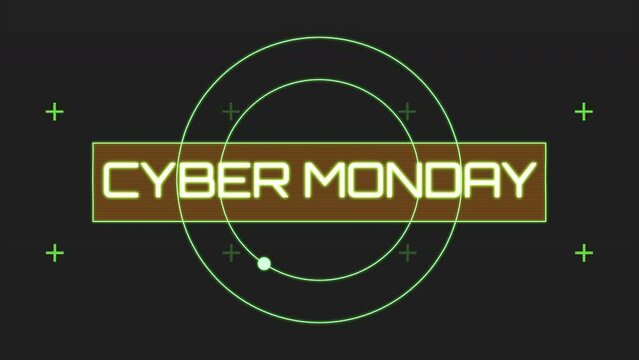 Cyber Monday on digital screen with HUD elements and circles, motion abstract futuristic, cosmos and holidays style background
