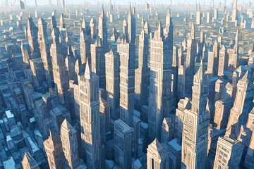 Generate an AI image of a floating cityscape in the sky, where buildings are formed by the intertwining of musical notes - obrazy, fototapety, plakaty