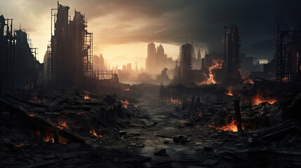 Apocalypse City with Bombed Buildings. War Concept - obrazy, fototapety, plakaty